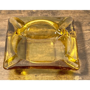 Vintage Mid 20th Century Clear Amber Glass Square Ashtray 6”